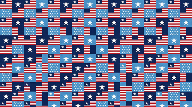 Seamless geometric pattern composed of small rectangular american flag motifs with stars and stripes in red, white, and blue on a dark blue background