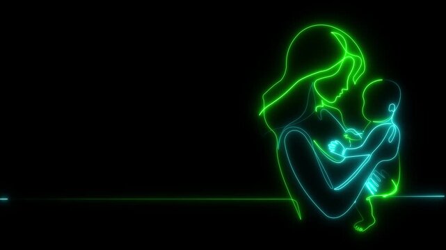 Bicolor green and blue maternal bond silhouette illustrated with continuous glowing neon traces on a black canvas