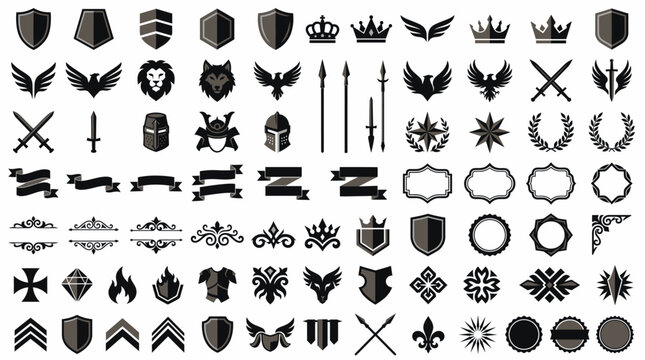 Collection of heraldic crest elements featuring shields, crowns, wings, eagles, lions, swords, and ribbons in a modern flat design style for logo creation and corporate identity branding.