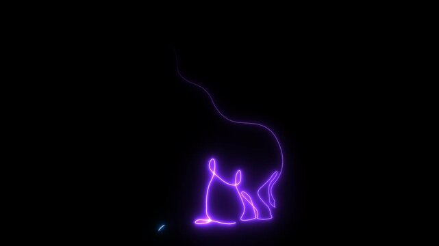 Bicolor blue and pink continuous line elephant illustration with neon glow on black.