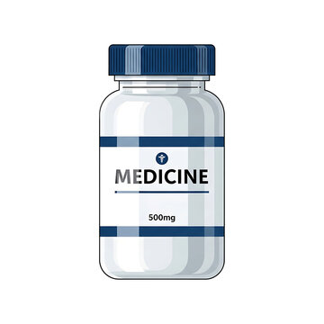 White pharmaceutical medicine bottle with blue cap and label showing 500mg dosage for healthcare and medical treatment isolated on white background