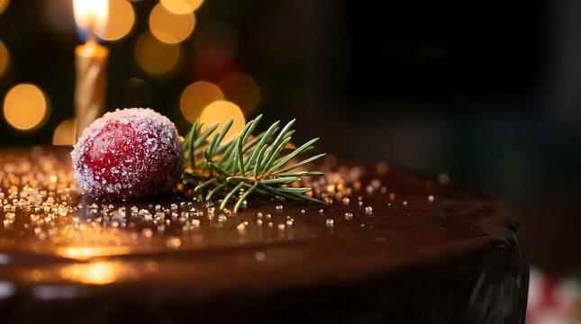 Close up of a festive chocolate cake adorned with a frosted cranberry and evergreen sprig illuminated by a warm candle light during the holiday season.