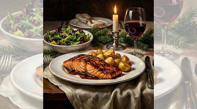 Elegant dinner table arrangement featuring grilled salmon tender potatoes vibrant fresh salad fine wine and soft candlelight creating a warm and inviting atmosphere