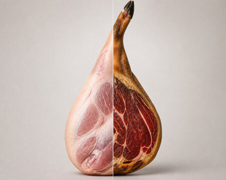 Raw and cured ham leg transformation comparison