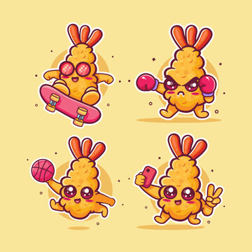 Funny eby fry food characters bundle doing various gesture like skateboarding, boxing, basketball, and taking a selfie