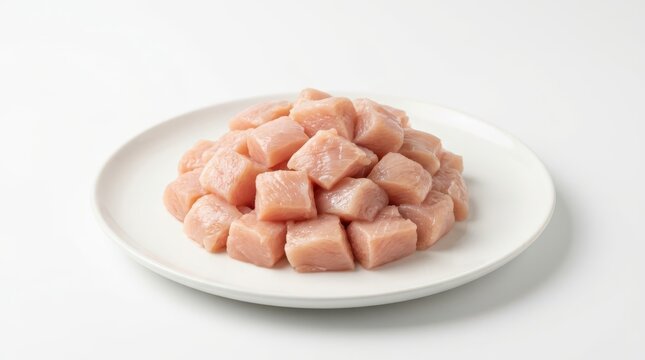Raw chicken breast meat cut into cubes on a white plate isolated on white background