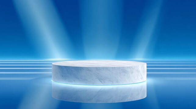 Minimalist cylindrical white marble pedestal floating above reflective surface with soft blue underglow illumination, empty product display platform against gradient deep blue background, subtle