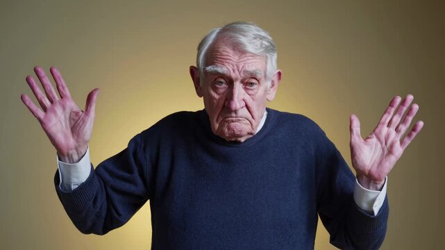 A video still of an elderly man with a puzzled expression, shot from a frontal angle. The neutral background highlights his expressive gesture.