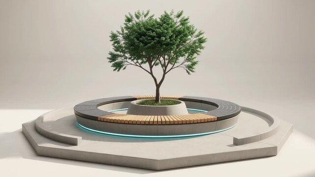 3D Animation Low Angle View of Circular Smart Bench Urban Micro Park on White Background