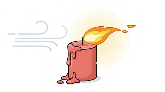 Candle with a flickering flame struggles to stay lit as a strong gust of wind blows against the melting wax pillar in this flat vector illustration.