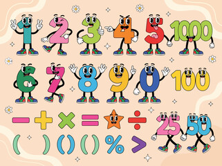 Fototapeta premium Retro Cartoon Numbers and Math Symbols Mascot Characters Set