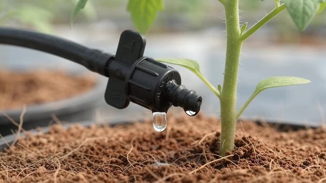 Cinematic Macro Shot of Precision Drip Irrigation Emitter Dropping Water on Cocopeat