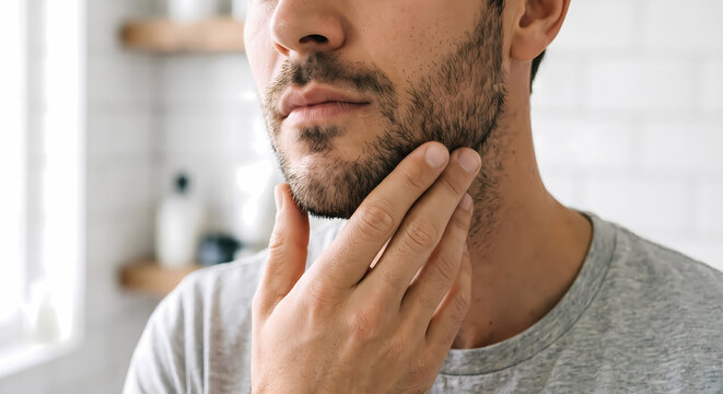 A mature man gently touches his neatly trimmed stubble while standing inside a residential bathroom to evaluate his morning grooming routine after applying refreshing facial products to his