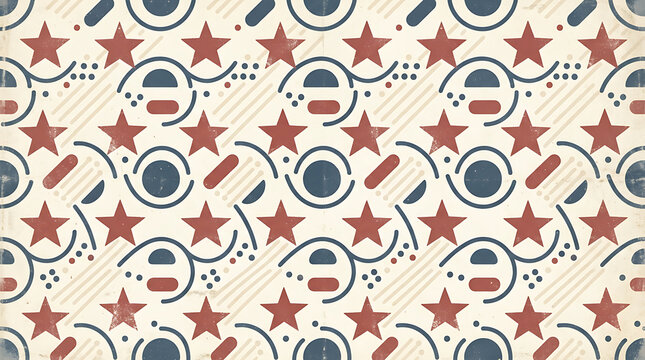 Seamless pattern featuring red stars, blue circles, curved lines, and dots with a distressed vintage texture on a light cream background, for retro style