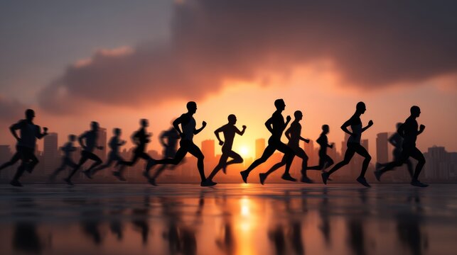 Silhouettes of diverse runners at sunset, dynamic poses mid-stride, muscular definition visible, various heights and builds, marathon atmosphere, motion blur, dramatic lighting, sharp shadows on