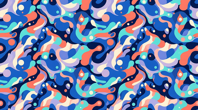 Seamless pattern featuring vibrant abstract liquid shapes in shades of blue, orange, and cream colors