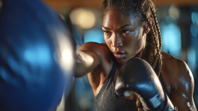 Athletic woman demonstrating perfect cross punch technique on large teardrop punching ball, professional stance with weight distribution on front foot, determined expression with mouth guard visible,