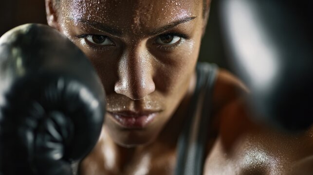 Close-up of female boxer's face and upper body at moment of impact against punching ball, intense concentration visible in eyes, perfectly wrapped hands inside professional gloves, sweat beading on