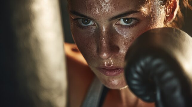 Close-up of female boxer's face and upper body at moment of impact against punching ball, intense concentration visible in eyes, perfectly wrapped hands inside professional gloves, sweat beading on