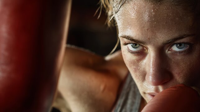 Close-up of female boxer's face and upper body at moment of impact against punching ball, intense concentration visible in eyes, perfectly wrapped hands inside professional gloves, sweat beading on