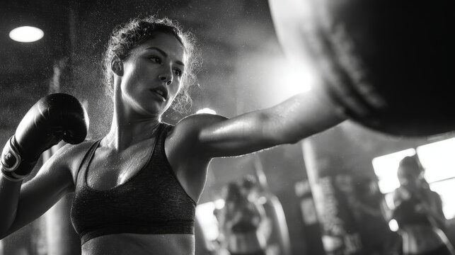 Dynamic action shot of female athlete executing powerful uppercut on heavy punching ball, perfect weight transfer through legs visible, boxing gloves at peak impact point, athletic physique