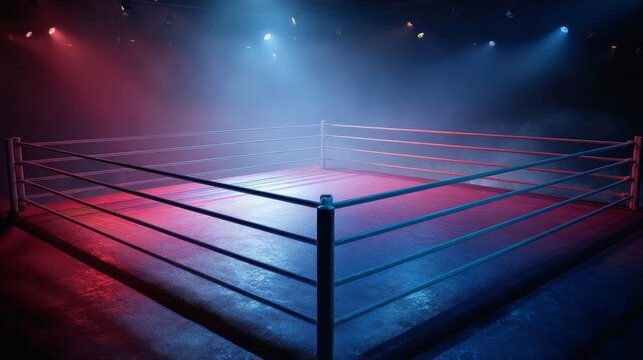 Empty professional boxing ring viewed from elevated angle, gradient lighting transitioning from deep blue to vibrant red across canvas, dramatic spotlights creating geometric shadows from ropes,