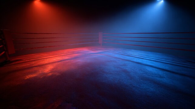 Empty professional boxing ring viewed from elevated angle, gradient lighting transitioning from deep blue to vibrant red across canvas, dramatic spotlights creating geometric shadows from ropes,