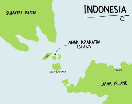 A layout map of Krakatoa Island in Indonesia, showing its position between the islands of Java and Sumatra, active volcanoes in Indonesia