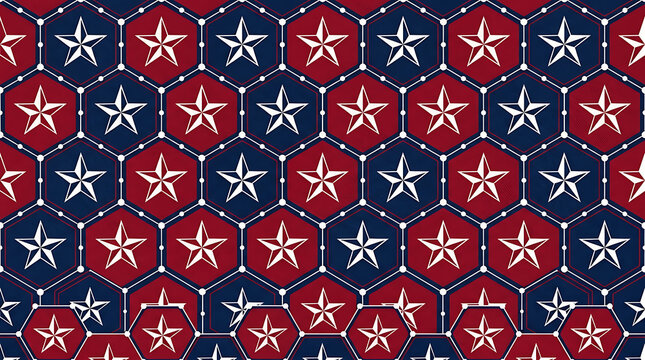 Seamless pattern with repeating white stars inside a dark blue and red hexagonal grid with connecting white dots on a structured geometric background