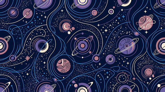 Seamless space pattern featuring stylized planets, rings, stars, and swirling cosmic lines in shades of purple and dark blue for celestial themed
