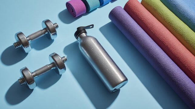 Overhead flat lay of pristine fitness equipment against powder blue background, matching steel dumbbells with knurled grip positioned symmetrically, premium rolled yoga mat with visible texture