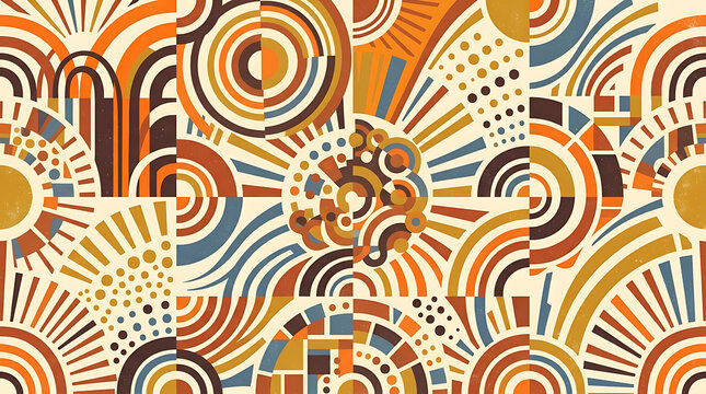 Sunburst and circular geometric seamless pattern with radiating lines, dots, and arches in warm shades of orange, yellow, brown, and blue on a cream background, wallpaper