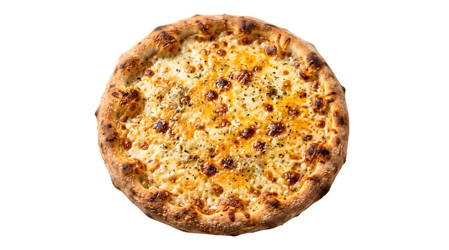 Gourmet four cheese pizza with golden crust, delicious quattros formaggi pizza isolated on white, hot cheesy flatbread