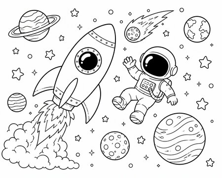 Black and white hand drawn rocket ship and astronaut in space with planets and stars