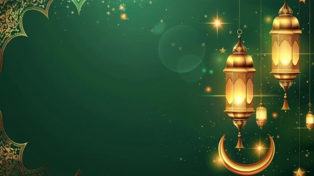 Elegant video background with a top-down angle, featuring glowing lanterns and a crescent moon on a green backdrop, adorned with golden patterns. Live desktop wallpaper.