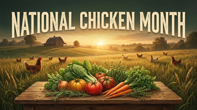 National Chicken Month Text, Rustic Farm Scene, Roosters in Field, Fresh Vegetables on Wooden Table, Sunset, Organic Produce, Agriculture, Nautical Font