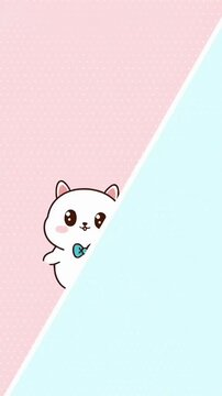 Cute cartoon cat peeking from a diagonal split pastel background, perfect for video intros. Live mobile wallpaper.