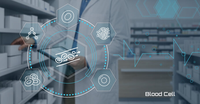 Pharmacist in lab with blood cell analysis technology and digital health interface