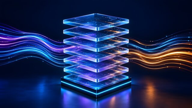 Illuminated isometric data stack layers processing high speed information streams in a futuristic digital environment