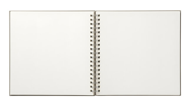Open spiral bound sketchbook with blank white pages on transparent background