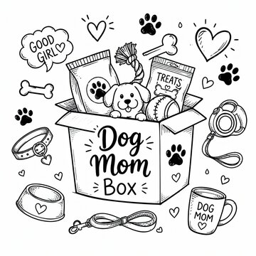 Dog mom box doodle illustration with cute puppy paws and hearts in black and white line art