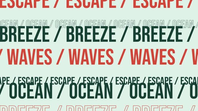 Dynamic repeating typography pattern featuring text like Escape, Ocean, Breeze, and Waves in a bold, modern graphic style. Perfect for summer and travel themes.