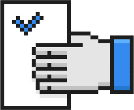 Pixel art hand holding a document with a blue checkmark approval icon