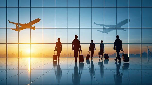 Silhouettes of business travelers with luggage walking in airport terminal at sunset, business travel and corporate trip concept