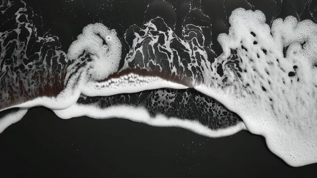 Aerial view of ocean waves creating intricate patterns on a black sand beach. The video captures the dynamic contrast and fluid motion from above. Live desktop wallpaper.