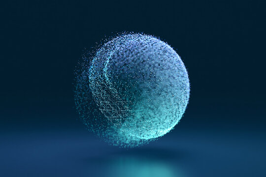 Abstract sphere dissolving into glowing particles technology concept