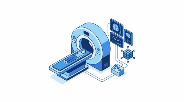 Isometric medical CT scan machine with patient diagnostic equipment.