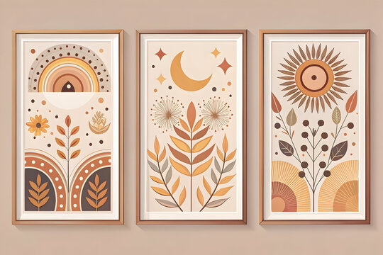 Boho wall art set of 3 framed posters, celestial sun and moon botanical prints, minimalist earthy tone mid-century modern gallery wall decor