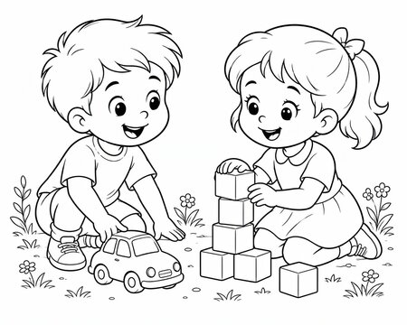 Two happy little girls playing together with sand at the beach coloring page for kids