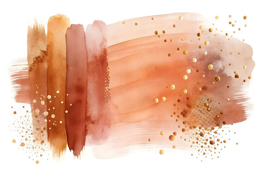Terracotta watercolor brush strokes with gold glitter, earthy burnt orange paint splashes, abstract warm neutral background for wedding invitations